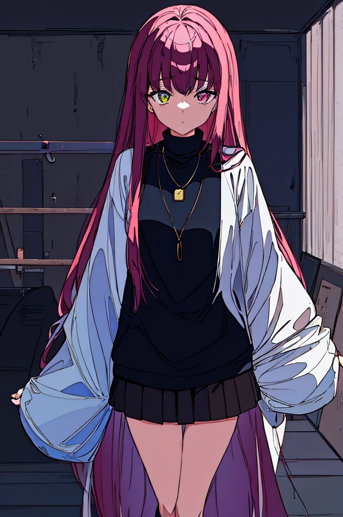 ((Work of art)), 4k, 1 woman, alone, long pink hair, navy blue eye color, eyes with details of numbers 0101010, dark skin color, black skirt with white stripes, wearing black thin socks, ankle boots black, pink long-sleeved sweater, with a necklace with the discord symbol, looking at the screen, camera nearby, arms raised, she is connected to several wires, dark scenery, some PC tiles in the background.