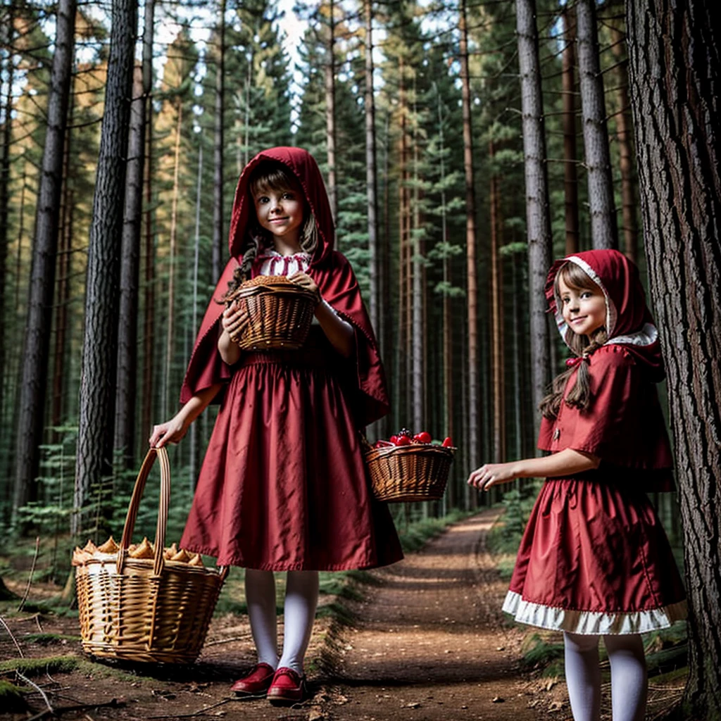 Little Red Riding Hood in the forest, holding a basket of pies