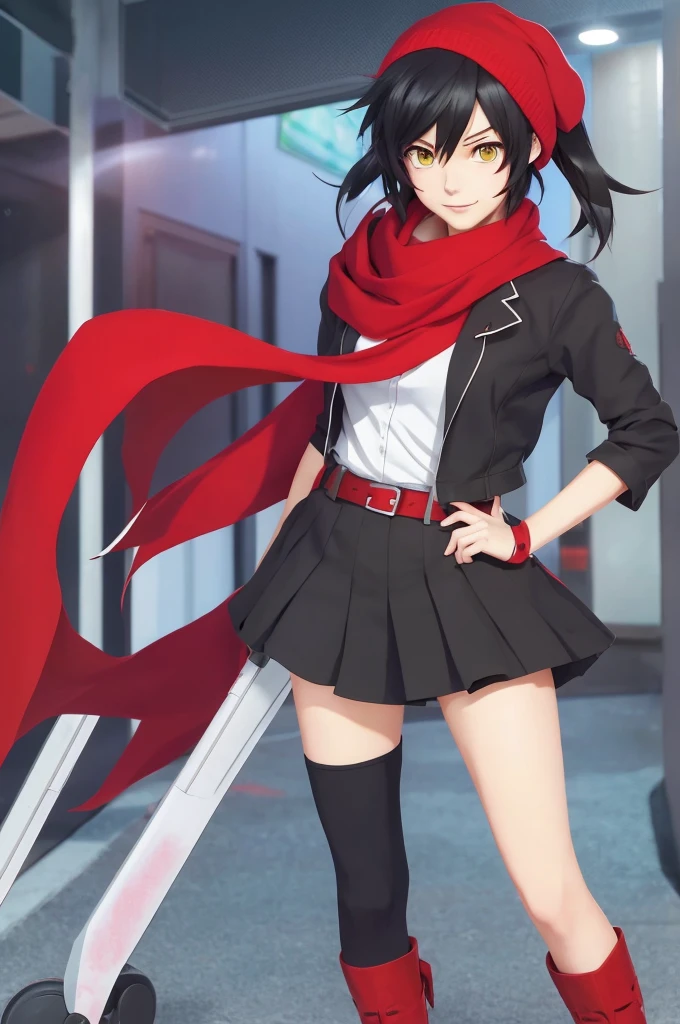 anime neko girl with black hair and red scarf, Ruby Rose as a Neko RWBY, anime style, in the anime series RWBY, as an anime neko character, anime neko girl of version of Ruby Rose, female anime character, in the anime RWBY, inspired by Ruby Rose as a Neko, RWBY