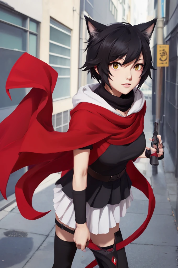 anime neko girl with black hair and red scarf, Ruby Rose as a Neko RWBY, anime style, in the anime series RWBY, as an anime neko character, anime neko girl of version of Ruby Rose, female anime character, in the anime RWBY, inspired by Ruby Rose as a Neko, RWBY