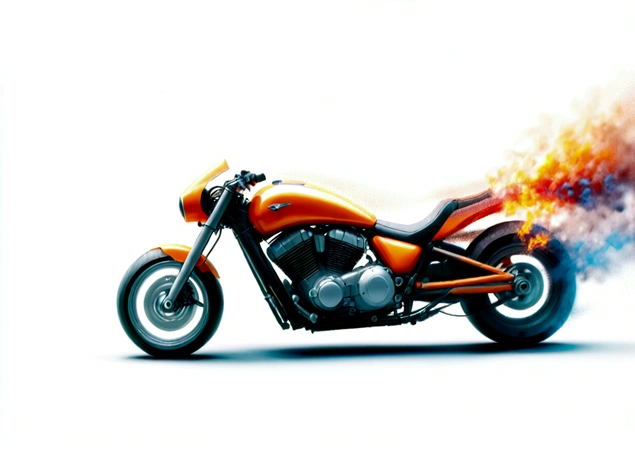 Vibrant color advertising photography of low poly plasma electric neon Kirlian effect in the form of a network node visualization in the form of a vintage Harley Davidson motorcycle (dissolving into electrical circuit pixels:1.3), propagating backwards in sine audio wave patterns, heat radiation, aura detalhada capturada em filme, excitante, emocionante, inside a wind tunnel