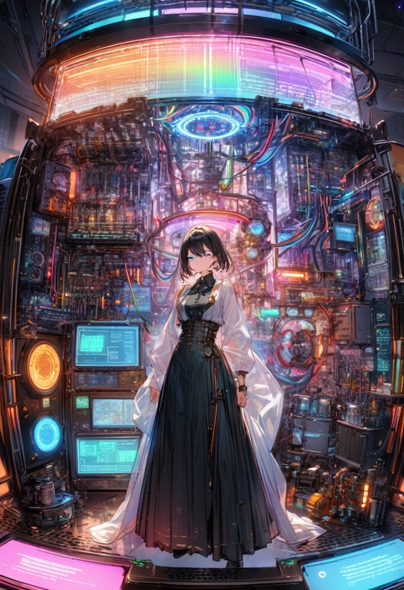 best quality, very good, 16K, delicate and dynamic, White, streamline,No edges and corners, Long skirt with a flared hem, A blue LED eye, Single wheel movement, X-rays made of transparent crystal, Precision machinery interior, Circuit Board, chart, Complex and countless colored cables, Integrated circuit chips, resistor, capacitors, led, timer, Translucent Translucent Anatomy, Rainbow Neon Colors Wiring Diagram and LEDs, Mix and fuse steampunk frames and backgrounds, Diesel Punk, and clockpunk, Analysis room laboratory