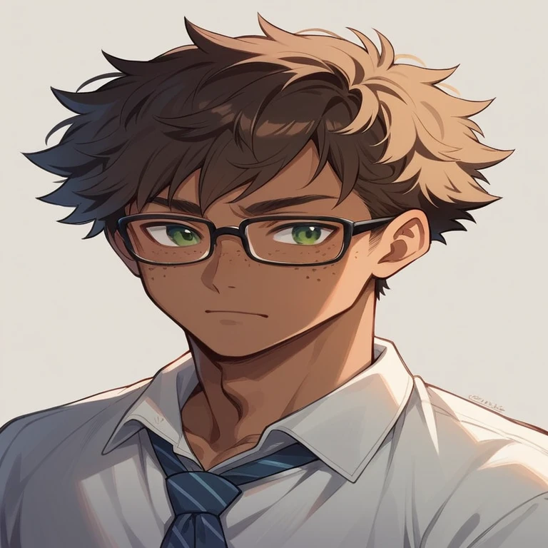 ((high quality)), ((masterpiece)), brown skin anime boy with freckles, glasses, green eyes, and fluffy hair, with a relaxed expression, wearing casual clothing.
