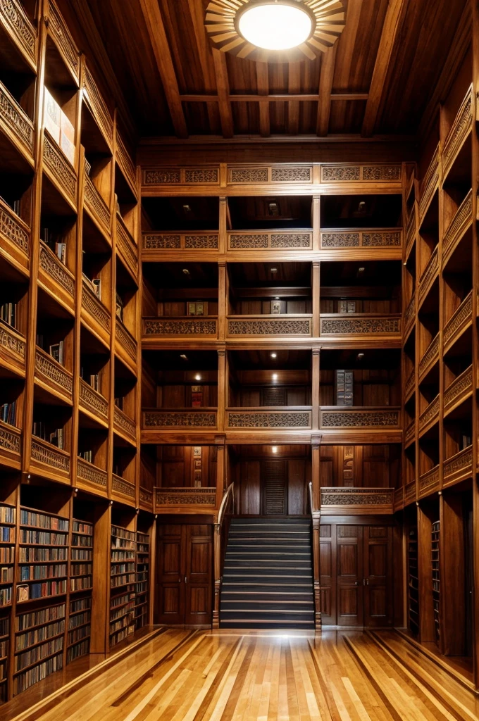 There is a big hall made of wood in which there are many book shelves. There are a lot of books kept in all of them, all of them are very high and there is also a shelf kept right in front of the book shelf.