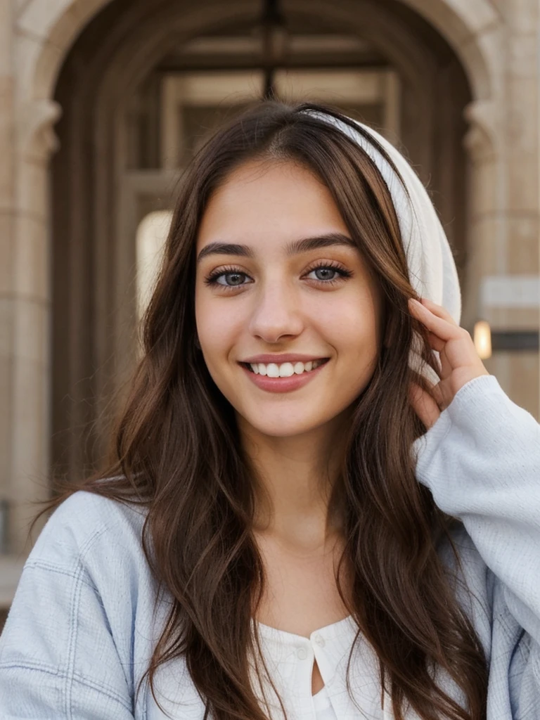 one cute women, 20YO, white, Arab, cute face, realistic brown eyes, blue jacket, brown hair, cute smile, skinny face, white realistic teethes, big eyes, long hair