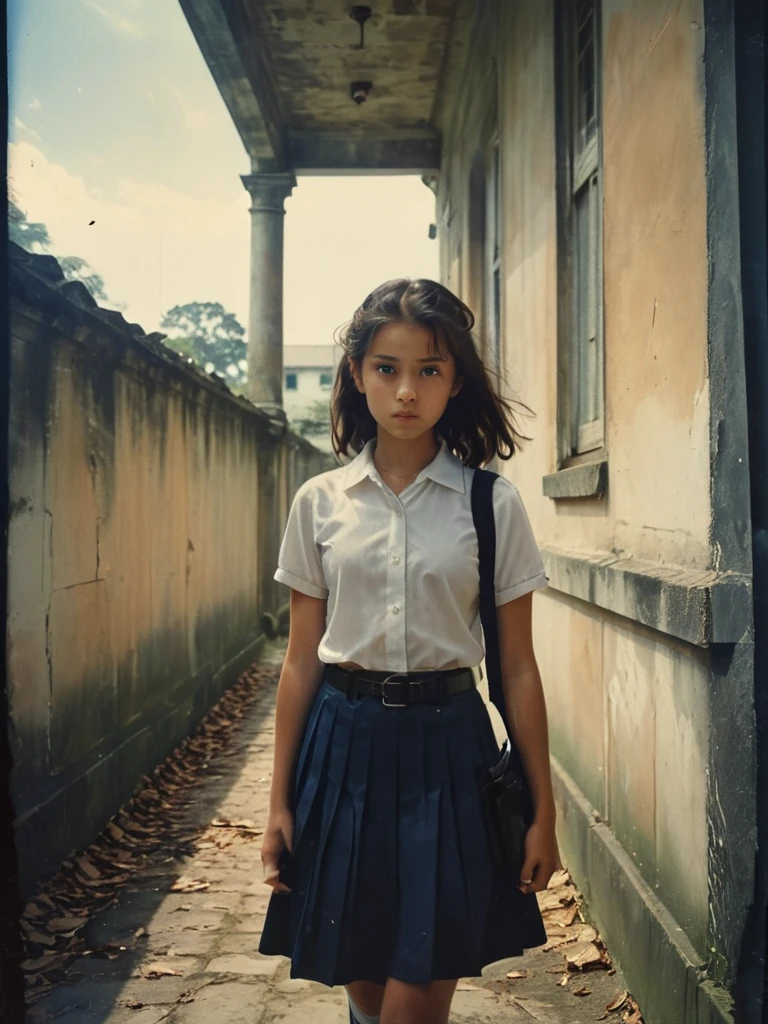 35mm film, An extreme low angle captivating photograph taken from the ground level below of a young girl in ****************** posing outdoor with the background of a vintage colonial building, creating a dramatic, upward perspective. She is silhouetted against a radiant, open sky while the corridor walls cast her in deep shadows, adding a sense of mystery. With her long, tied-back hair flowing gracefully, she dons a humble uniform, white short sleeves shirt with dark blue pleated skirt and black belt, black sneakers with white socks, and a black school bag, she gazes intently at the camera, exuding an enigmatic aura. The striking, high-contrast lighting enhances the atmosphere, making this scene truly unforgettable. She is looking directly unto the camera with lost look and a slight smile, with cinematic lighting, professional high definition photography style ,fotorrealista
