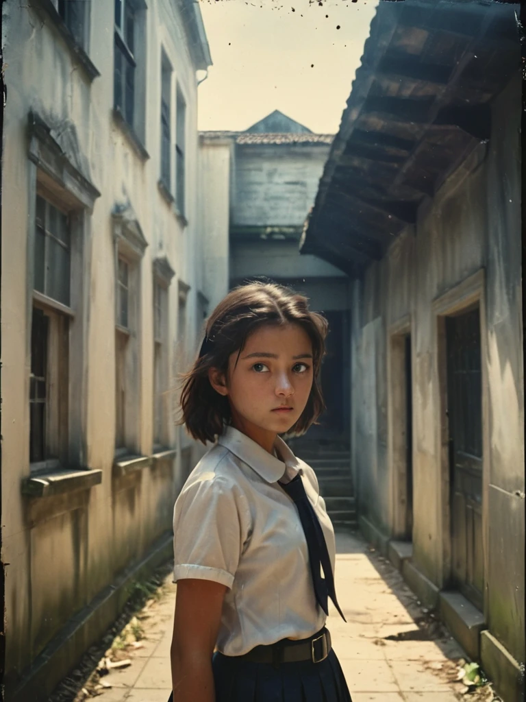 35mm film, An extreme low angle captivating photograph taken from the ground level below of a young girl in junior high school posing outdoor with the background of a vintage colonial building, creating a dramatic, upward perspective. She is silhouetted against a radiant, open sky while the corridor walls cast her in deep shadows, adding a sense of mystery. With her long, tied-back hair flowing gracefully, she dons a humble uniform, white short sleeves shirt with dark blue pleated skirt and black belt, black sneakers with white socks, and a black school bag, she gazes intently at the camera, exuding an enigmatic aura. The striking, high-contrast lighting enhances the atmosphere, making this scene truly unforgettable. She is looking directly unto the camera with lost look and a slight smile, with cinematic lighting, professional high definition photography style ,fotorrealista
