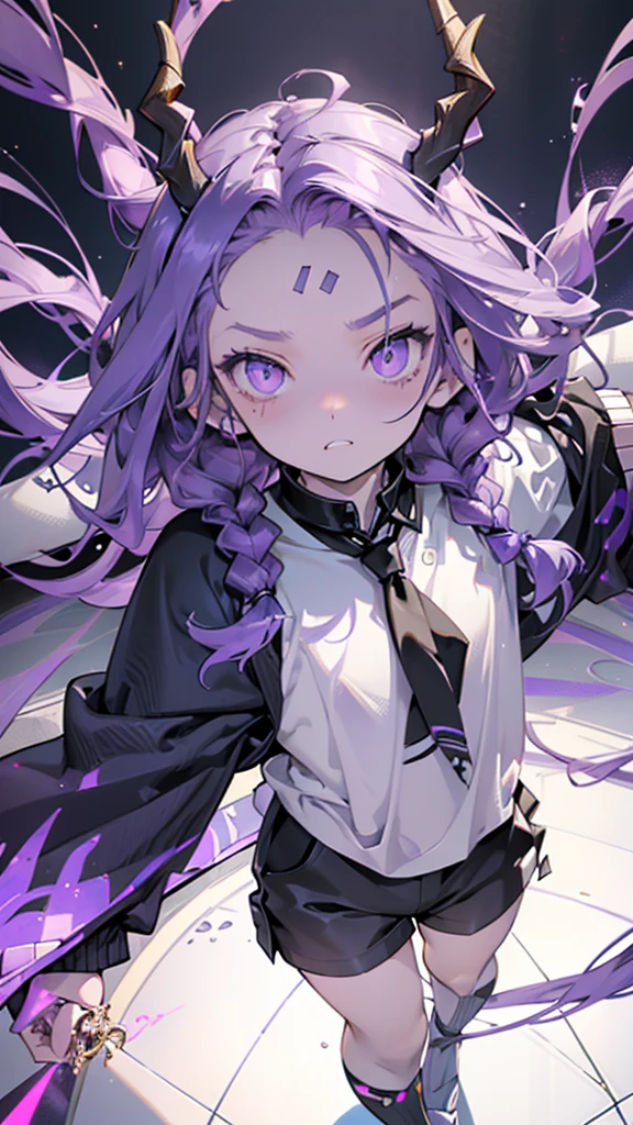 BOY. open forehead. Long dark purple hair braided on the left side. Black horns with white ribbon. pale violet eyes. Long white t-shirt. Dark purple shorts. Dark purple knee socks. Robe with a white hood with an ornament of gold rings. Concrete walls purple light water on the floor