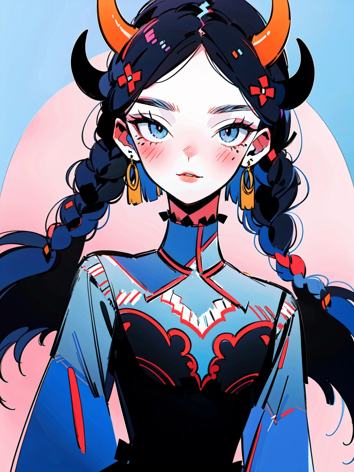 4lb1n0, 1girl, raven black hair, Big eyes, Flower pattern on eyes, Pupil shape, radiant icy blue eyes, raven feather earrings, dark silk gown, glossy midnight blue lips, portrait with a cold smile, frostbitten forest background, masterpiece, best quality, cut3h0rnstyl3, slightly tilted head, horns, (Frost Demon)