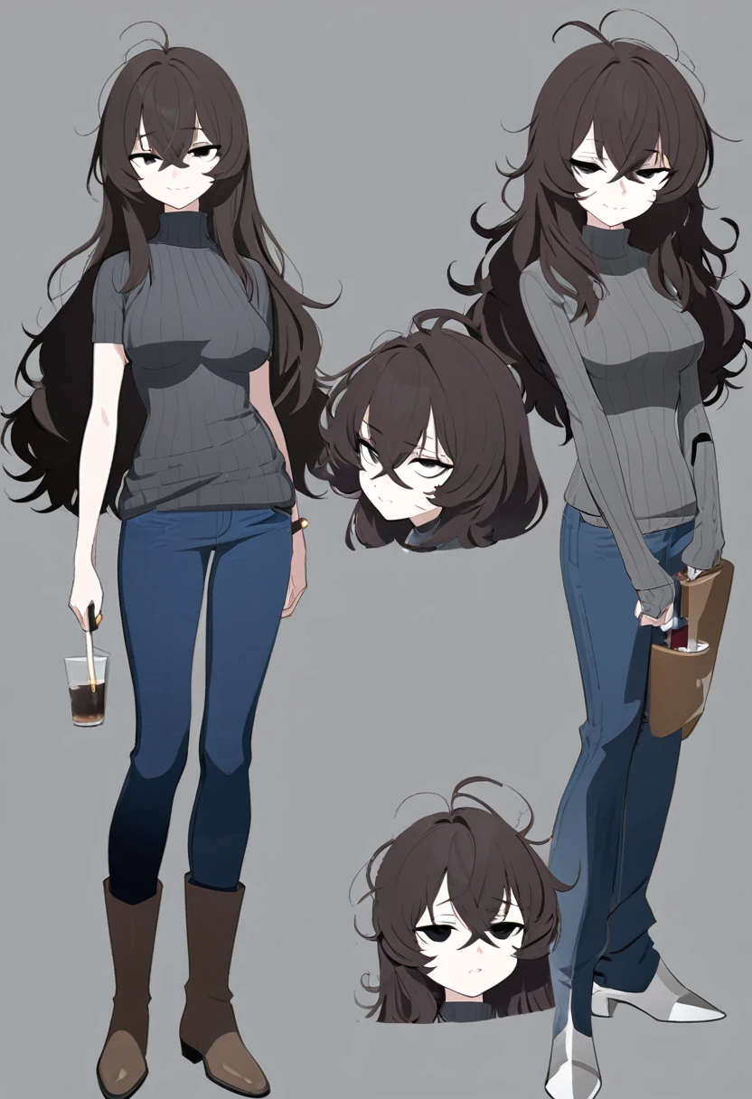 One Woman,Downer,older sister,Concept Art,Dark brown hair,Straight hair with slight inward curls,Staring eyes,Eye Ridge,black eye,Crossed bangs,whole body,smile,Slightly larger breasts,Gray background,Bangs that reach down to the eyes,Messy hair,Tight dark jeans,Gray turtleneck sweater,Multiple views of the same character,Character Design,Dark circles under the eyes,Bad look,Listless,Sloppy,Silver Jewelry,Cafe staff,Holding a cigarette,whole bodyCharacter Design,Detailed hands,Height: 170cm,boots,