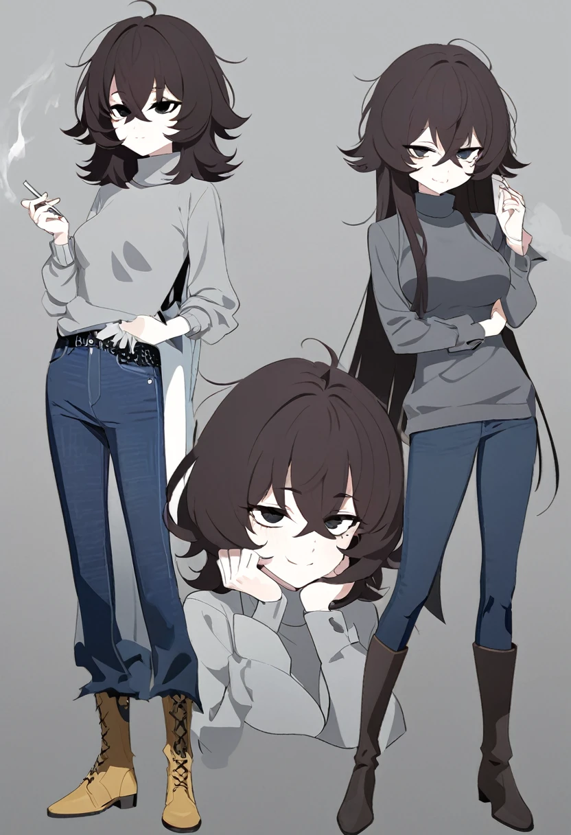 One Woman,Downer,older sister,Concept Art,Dark brown hair,Straight hair with slight inward curls,Staring eyes,Eye Ridge,black eye,Crossed bangs,whole body,smile,Slightly larger breasts,Gray background,Bangs that reach down to the eyes,Messy hair,Tight dark jeans,Gray turtleneck sweater,Multiple views of the same character,Character Design,Dark circles under the eyes,Bad look,Listless,Sloppy,Silver Jewelry,Cafe staff,Holding a cigarette,whole bodyCharacter Design,Detailed hands,Height: 170cm,boots,