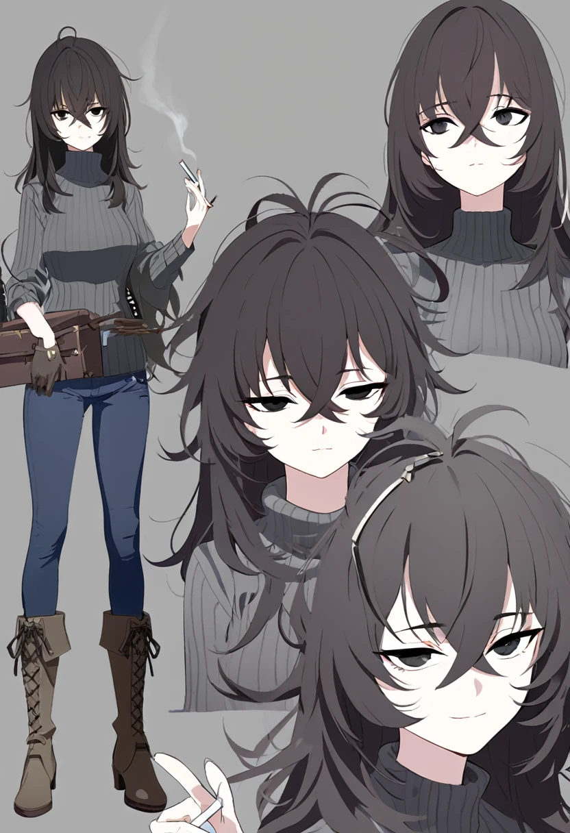 One Woman,Downer,older sister,Concept Art,Dark brown hair,Straight hair with slight inward curls,Staring eyes,Eye Ridge,black eye,Crossed bangs,whole body,smile,Slightly larger breasts,Gray background,Bangs that reach down to the eyes,Messy hair,Tight dark jeans,Gray turtleneck sweater,Multiple views of the same character,Character Design,Dark circles under the eyes,Bad look,Listless,Sloppy,Silver Jewelry,Cafe staff,Holding a cigarette,whole bodyCharacter Design,Detailed hands,Height: 170cm,boots,