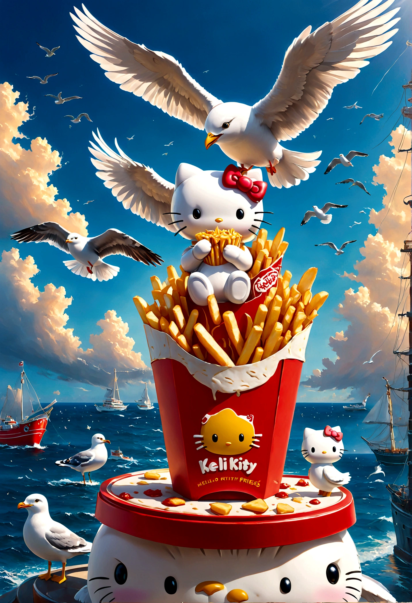 Hello Kitty and Seagull are friends, they are eat Fries, best quality, masterpiece, very aesthetic, perfect composition, intricate details, ultra-detailed