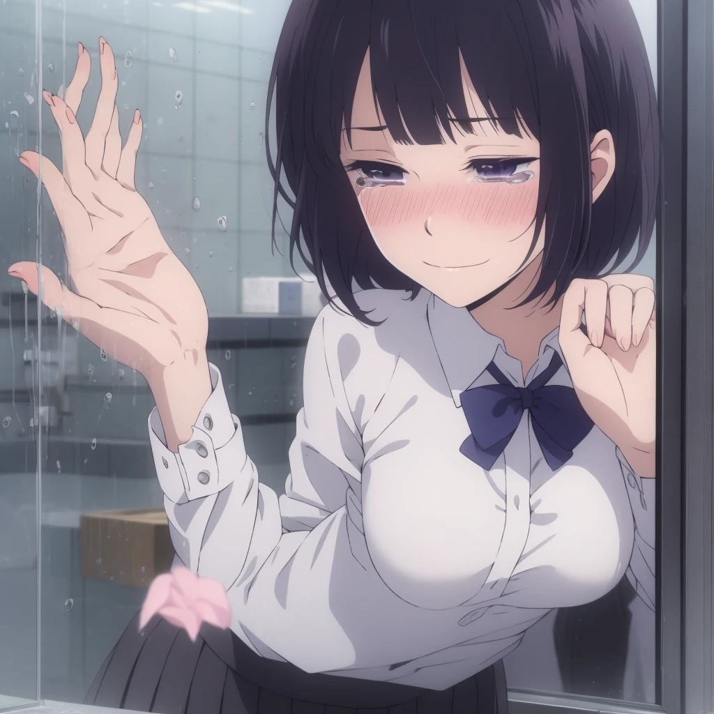 masterpiece,8k high quality detailed,highres,anime,,
illustration \(artbook\),
,yasuraoka hanabi,1girl,black hair,short hair,purple eyes,medium breasts,white shirt,pleated skirt,blue bowtie,,detailed_face,
hands on glass,breasts on glass,ass on glass,window fog,water drop,bathroom,[[closed eyes]],blush,embarrassed,endured face,rape face,heavy breathing,seductive smile,[tears],
(,realistic clothing texture,realistic_skin_texture),