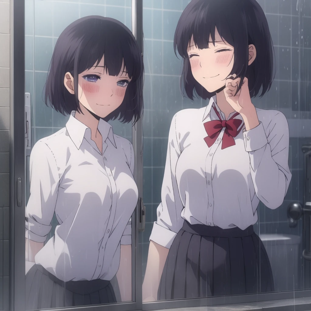 masterpiece,8k high quality detailed,highres,anime,,
illustration \(artbook\),
,yasuraoka hanabi,1girl,black hair,short hair,purple eyes,medium breasts,white shirt,pleated skirt,blue bowtie,,detailed_face,
hands on glass,breasts on glass,ass on glass,window fog,water drop,bathroom,[[closed eyes]],blush,embarrassed,endured face,rape face,heavy breathing,seductive smile,[tears],
(,realistic clothing texture,realistic_skin_texture),