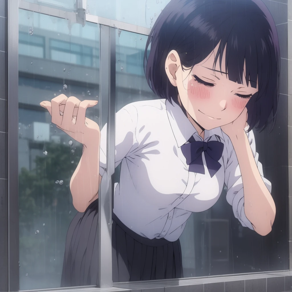 masterpiece,8k high quality detailed,highres,anime,,
illustration \(artbook\),
,yasuraoka hanabi,1girl,black hair,short hair,purple eyes,medium breasts,white shirt,pleated skirt,blue bowtie,,detailed_face,
hands on glass,breasts on glass,ass on glass,window fog,water drop,bathroom,[[closed eyes]],blush,embarrassed,endured face,rape face,heavy breathing,seductive smile,[tears],
(,realistic clothing texture,realistic_skin_texture),