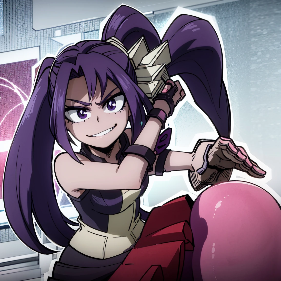 1girl, female focus, aria blaze, boku no hero academia, masterpiece, best quality, very aesthetic, absurdres, twintails hair, purple hair, lavender eyes, smirk, hero costume