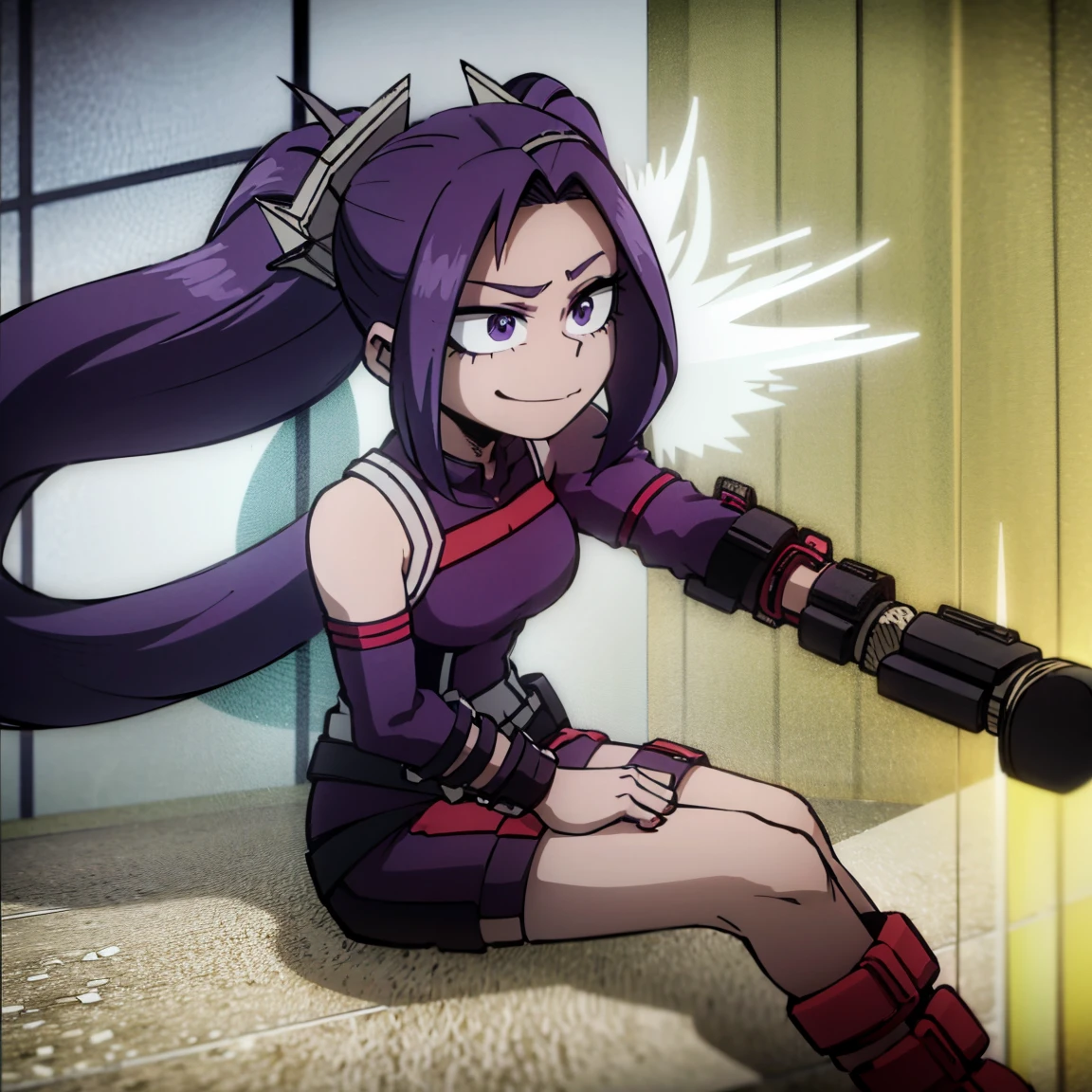 1girl, female focus, aria blaze, boku no hero academia, masterpiece, best quality, very aesthetic, absurdres, twintails hair, purple hair, lavender eyes, smirk, hero costume