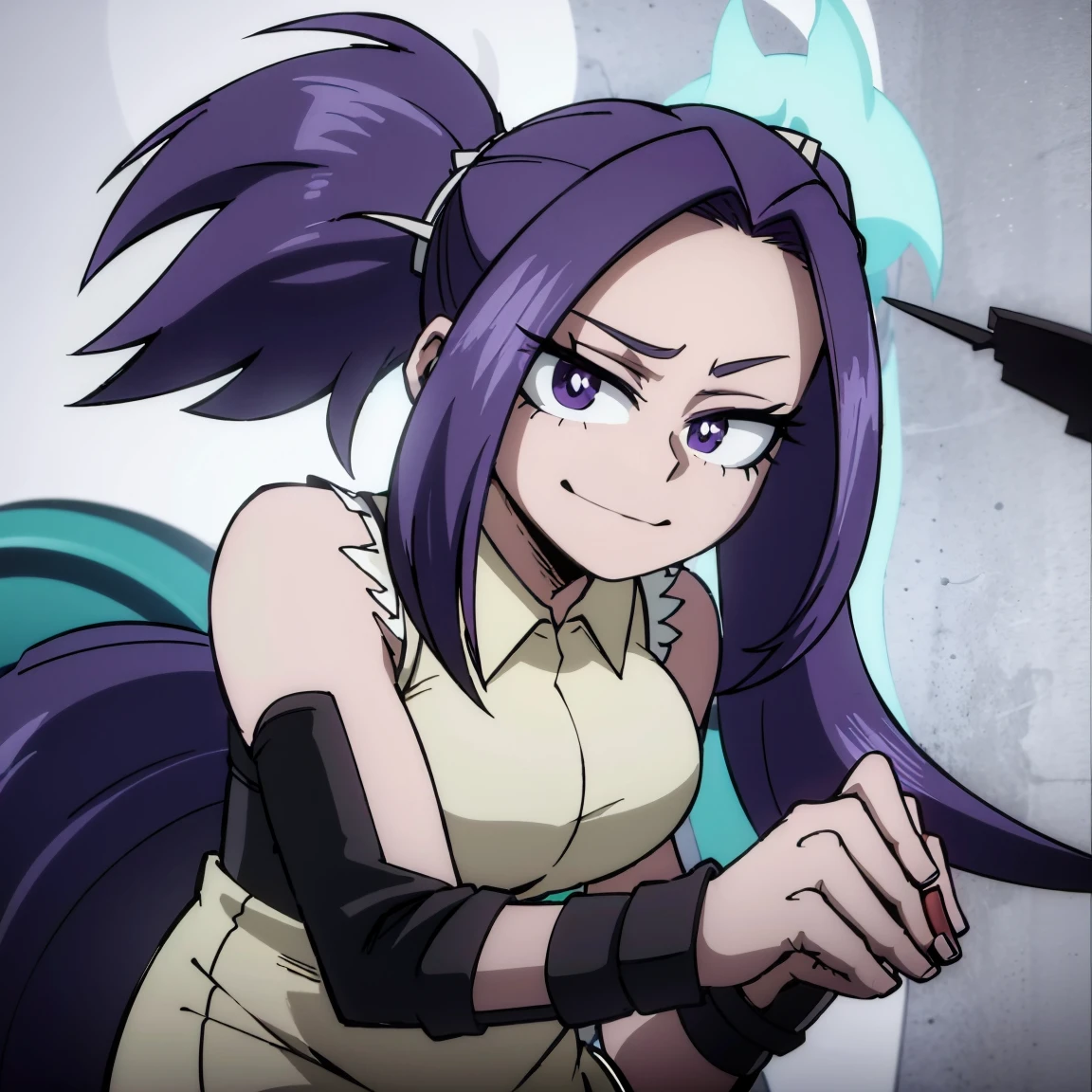 1girl, female focus, aria blaze, boku no hero academia, masterpiece, best quality, very aesthetic, absurdres, twintails hair, purple hair, lavender eyes, smirk, hero costume