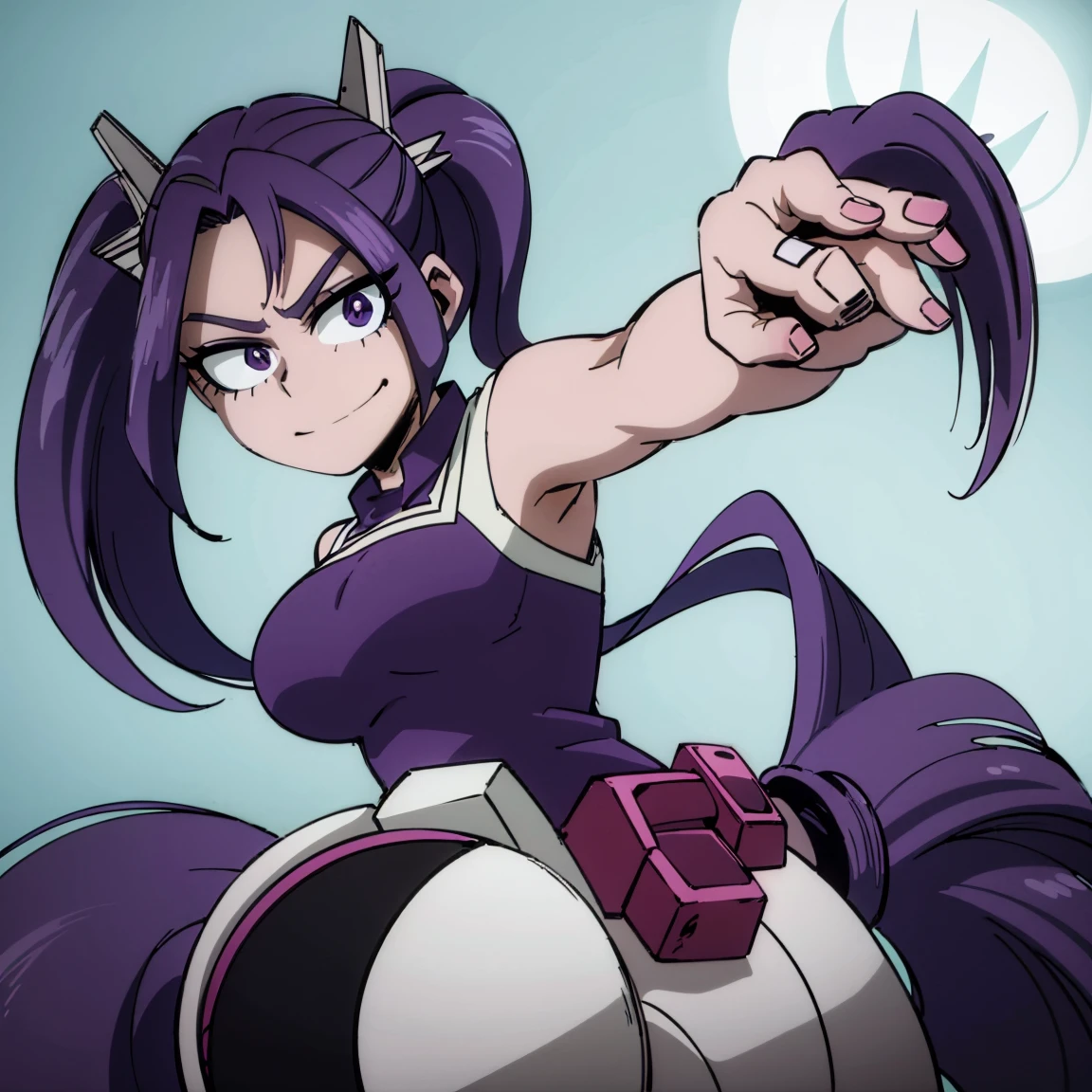 1girl, female focus, aria blaze, boku no hero academia, masterpiece, best quality, very aesthetic, absurdres, twintails hair, purple hair, lavender eyes, smirk, hero costume