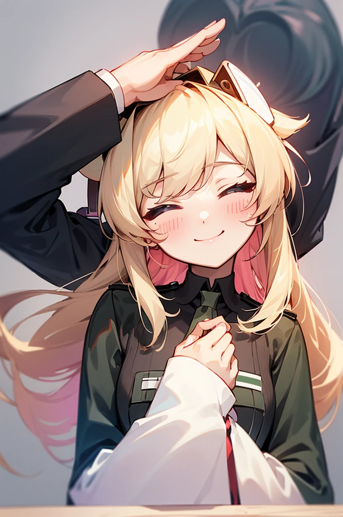 Highly detailed, High Quality, Masterpiece, beautiful, 1girl, solo, SwitchchanOutfit, (HeadpatPOV:1.5), headpat, pov, smile, bright smile, head tilt, closed eyes, happy, blush,