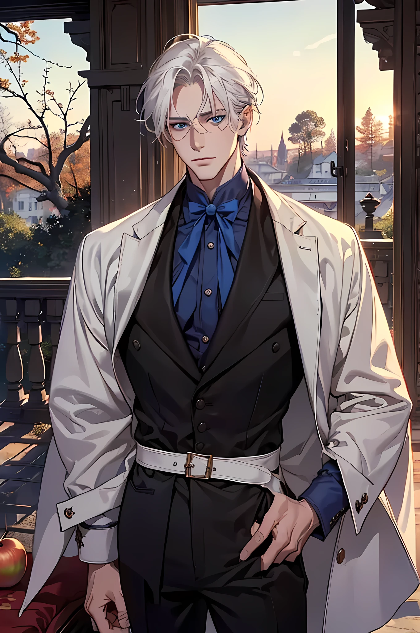 ((masterpiece:1.2, Best quality)), 4k, adult, European face, 1 person, male, mature, masculine, Beautiful, very tall, Muscles, broad shoulders, dark casual wear, White skin, medium white hair, Blue eyes, portrait, sunset, old house with apple trees.
