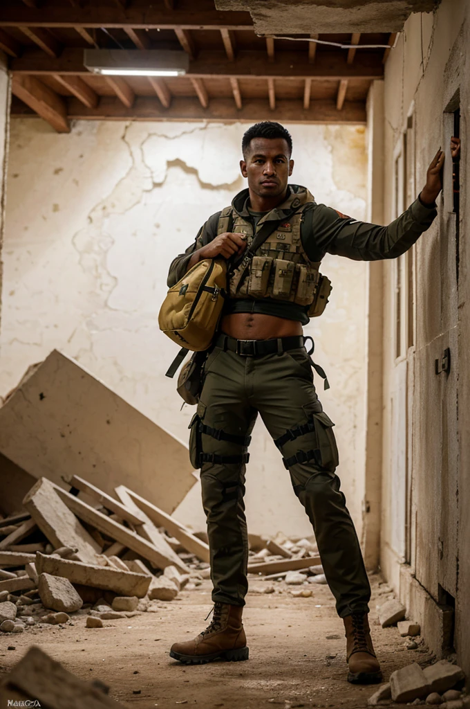 (melhor qualidade, 8K, foto realista:1.2), Textura de pele realista, of a maned wolf ) belonging to the US Army, in the middle of a building full of rubble, sob ataque, tentando escapar enquanto luta, ruined walls, rifle de assalto, colete a prova de balas, Mochila, botas, coberto de feridas, Determined expression, dynamic pose, Innovative composition, poeira no ar
