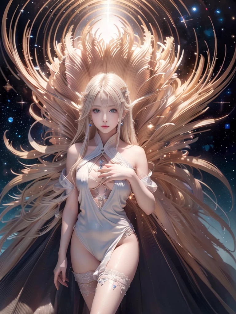 ((masterpiece)), ((Highest quality)), ((High resolution)), ((Detailed Background)), ((Highly detailed CG Unity 8k wallpaper)), alone, shiona,Blonde Hair, Long Hair, blue eyes, Hair bundle, Cowboy Shot, Nude 1.5、See-through 1.2，Cover your chest with your hands、Another World View、universe space、