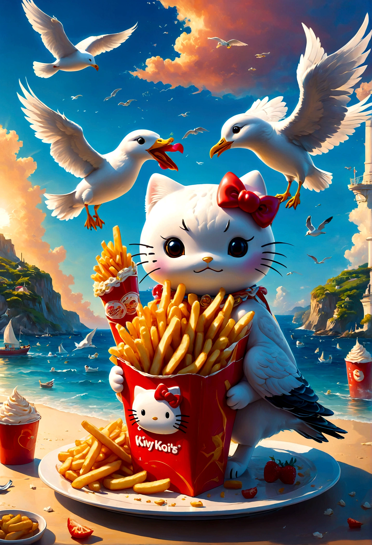 Hello Kitty and Seagull eat Fries together, best quality, masterpiece, very aesthetic, perfect composition, intricate details, ultra-detailed