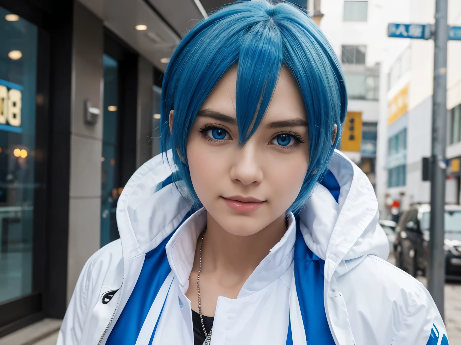 A closeup of a person with blue hair wearing a white jacket, 4D anime style, tall anime face with blue eyes, !! full body portrait!!, anime boy, moe artstyle anime, single full body character, full body!!, anime full body illustration, anime style character, full_body!!, full body model vtuber anime, blue color sorando with purchase affection  