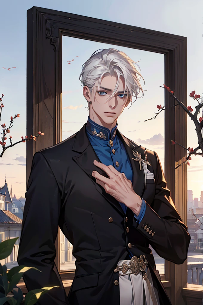 ((masterpiece:1.2, Best quality)), 4k, adult, European face, 1 person, male, mature, masculine, Beautiful, very tall, Muscles, broad shoulders, dark casual wear, White skin, medium white hair, Blue eyes, portrait, sunset, old house with apple trees.