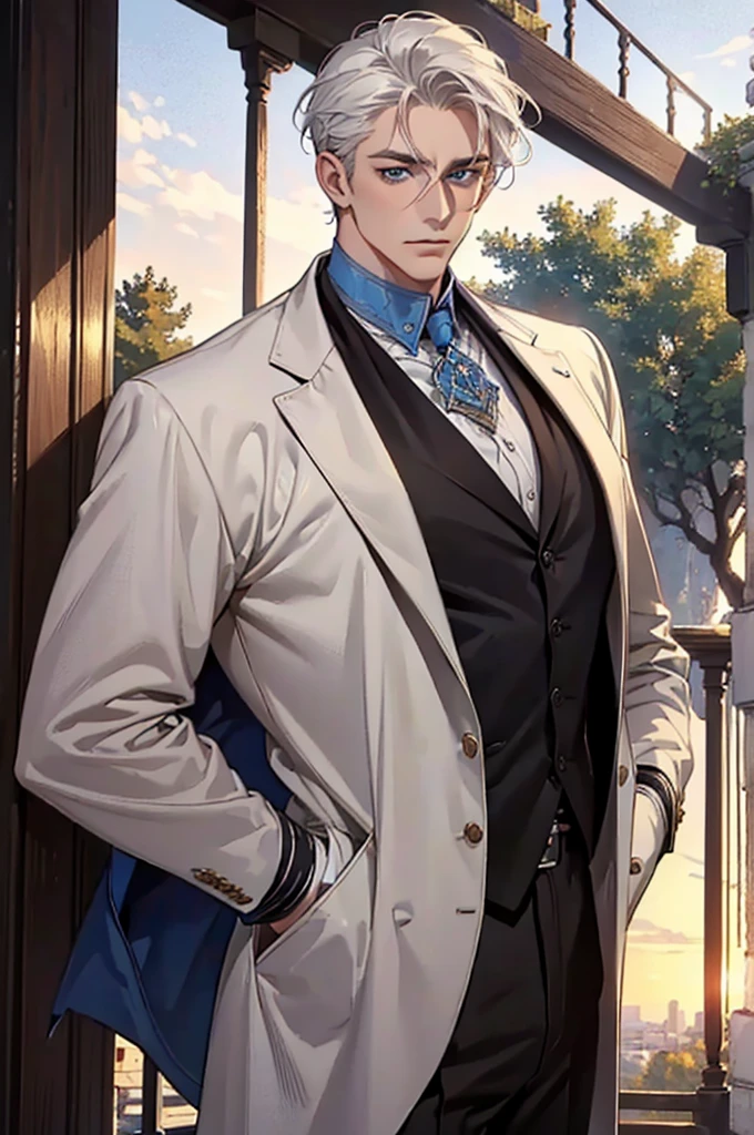 ((masterpiece:1.2, Best quality)), 4k, adult, European face, 1 person, male, mature, masculine, Beautiful, very tall, Muscles, broad shoulders, dark casual wear, White skin, medium white hair, Blue eyes, portrait, sunset, old house with apple trees. 
