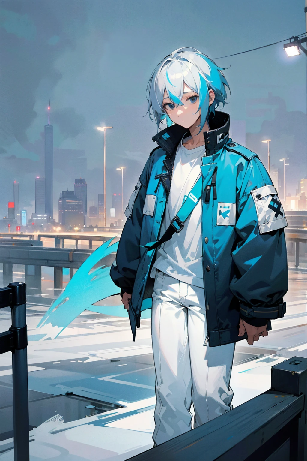 1male, white hair, light blue hair, split color hair, half color hair, teenager, short messy hair, black eyes, oversized light blue jacket, white shirt, layered clothing, white pants, city background, detailed background, hands to side, standing on path, expressionless