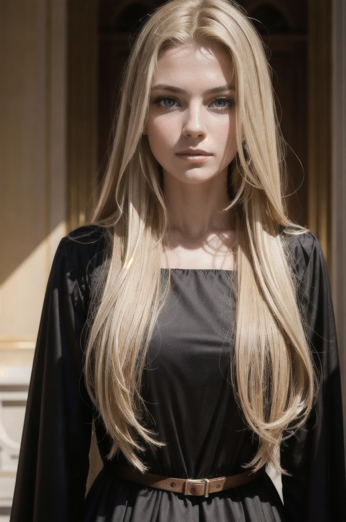 goergous young european woman with a beautiful face, long and blond hair, self-portrait, wearing a dark dress, best quality, ultra-detailed, solo, shadows, contrast, 4K, 85mm, Kodak Vision Color