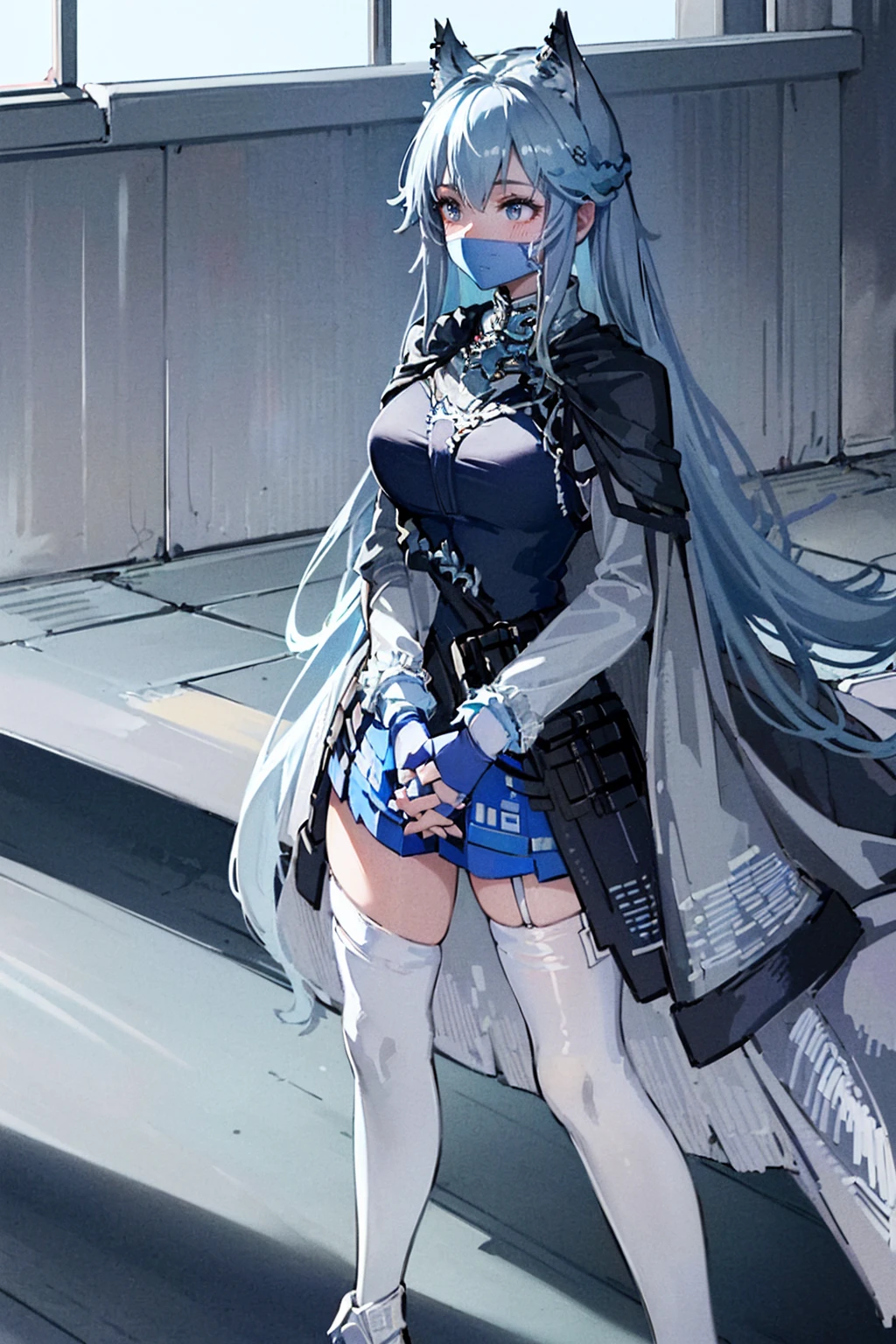 4K,high resolution,A woman,Silver Hair,Short Ponytail,Wolf ears,Wolf Tail,blue eyes,Large Breasts,,,Snow Scene,Show your shoulders,Combat uniform,Pregnant