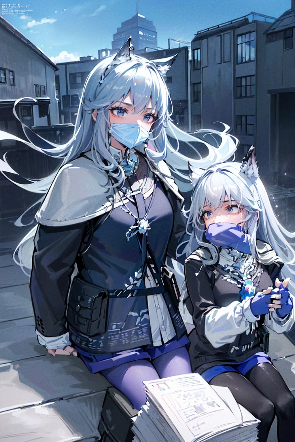 masterpiece,Highest quality,Super detailed, (((Pastel sky blue and white mullet)))) , ((((Woman covering her mouth with both hands))), Cute and adorable high school student, hoodie,Off the shoulder:1.2, Mostima, Arknights, smile, Penguin Logistics, magazine, japanese magazine, Light art, Soft Art, A fleeting and fantastical feeling Highest quality