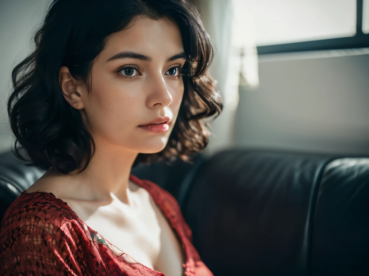bloom, lens reflection, (8k, RAW, professional, best quality, masterpiece: 1.2), (realistic, photorealistic: 1.37), ultra-detailed, (wide-angle 25mm portrait), (most detailed skin: 1.2), very detailed face, cinematic lighting, 1girl, curly black hair, (windy), standing on the couch, dark light, looking at the camera, large breasts, black and red blouse  
