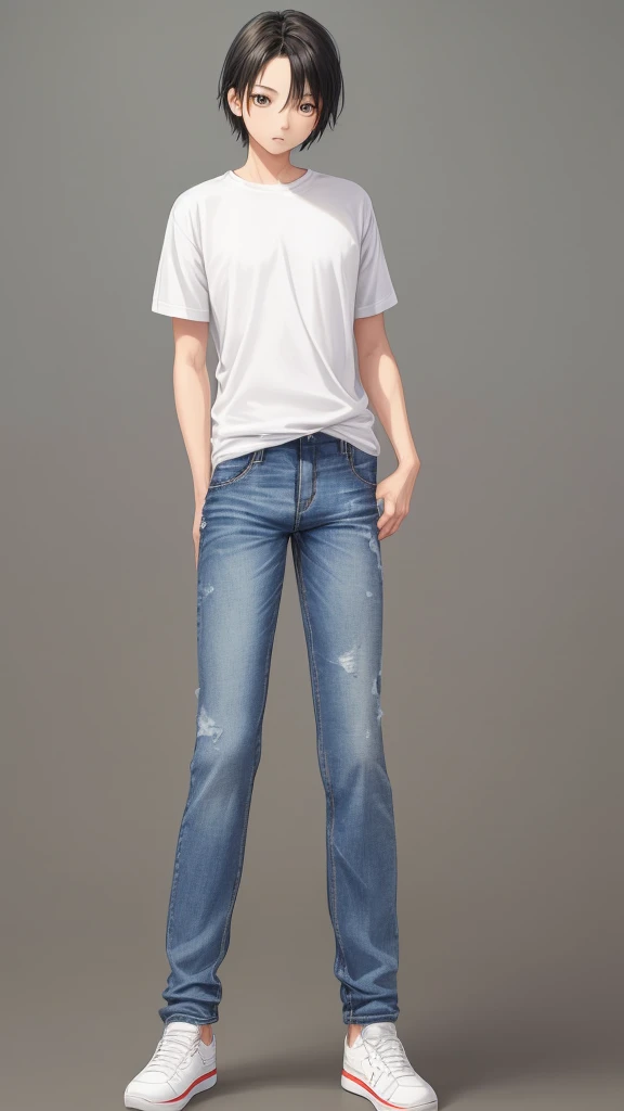 Man, t-shirt, jeans, full body, simple background, 