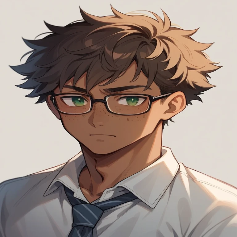 ((high quality)), ((masterpiece)), brown skin anime boy with freckles, glasses, green eyes, and fluffy hair, with a relaxed expression, wearing jeans and a light blue t-shirt.