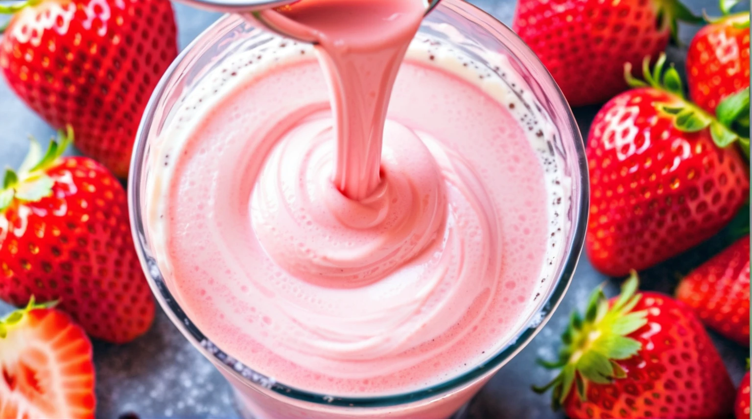 araffe with a spoon is pouring a strawberry cream into a glass, vanilla smoothie explosion, strawberry ice cream, milkshake, yogurt, 🎀 🧟 🍓 🧚, drink milkshakes together, smooth blending, stunning image, 🎀 🗡 🍓 🧚, beautiful image, pouring, drinking a strawberry iced latte, viscous, mesmerising, creamy skin, blender
