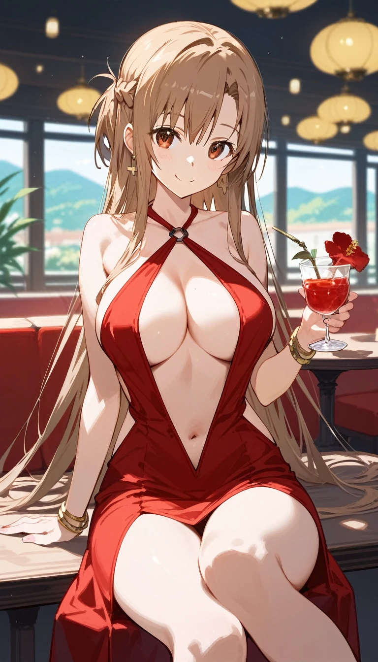 score_9,score_8_up,score_7_up,18 year old,1girl,asuna \(sao-alo\), sword art online,yuuki asuna,solo, brown eyes, brown hair, long hair, bangs, braid,sitting, holding cup, smile,large breasts,brown hair,parted hair,long hair,red dress,halter dress,plunging neckline,center opening,cleavage,navel,earrings,bracelet,restaurant,