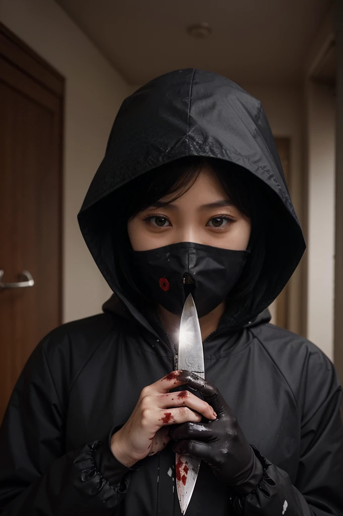 korean girl, (behind corpse, surgical mask), multiple girls, holding knife, stabbing, black raincoat, black gloves, hood up, room full of blood, black wet suit, holding knife, black gloves, behind corpse, blood splatter, short hair, night, mass murderer, robbery, in the hotel,