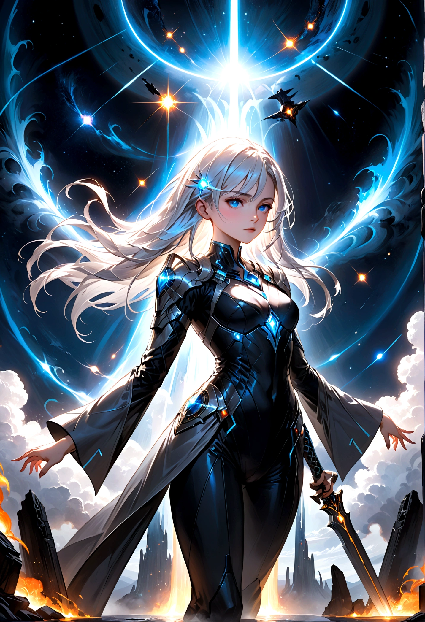 Picture a scene steeped in the depths of space science fiction warfare, where a female commander emerges as the embodiment of resilience and command. Her presence is striking, with white hair that cascades like a cosmic waterfall, tinged with a subtle shade of glowing blue, reminiscent of the distant nebulas. She stands boldly in the midst of an burned interstellar conflict to punish the wicked, her modern advanced space uniform pristine and decorated with the emblems of her esteemed position as a commander. The commander’s hat she wears is not just a piece of attire but a symbol of her earned authority. Clutched in her grasp is a mystical sword, its blade alight with an ethereal blue flame that whispers of ancient power and forgotten lore. As she raises the sword, it seems to resonate with the energy of the cosmos itself. Behind her, the theater of war is set against the breathtaking backdrop of a contact binary star system, its twin suns weaving a dance of light spark and gravity that illuminates the void. Their connection forges a radiant arc across the sky, a bridge between worlds and a beacon in the tumultuous dark. This image seeks to capture the commander’s indomitable spirit, the fierce beauty of her unique appearance, and the grandeur of the universe that serves as the stage for this epic saga