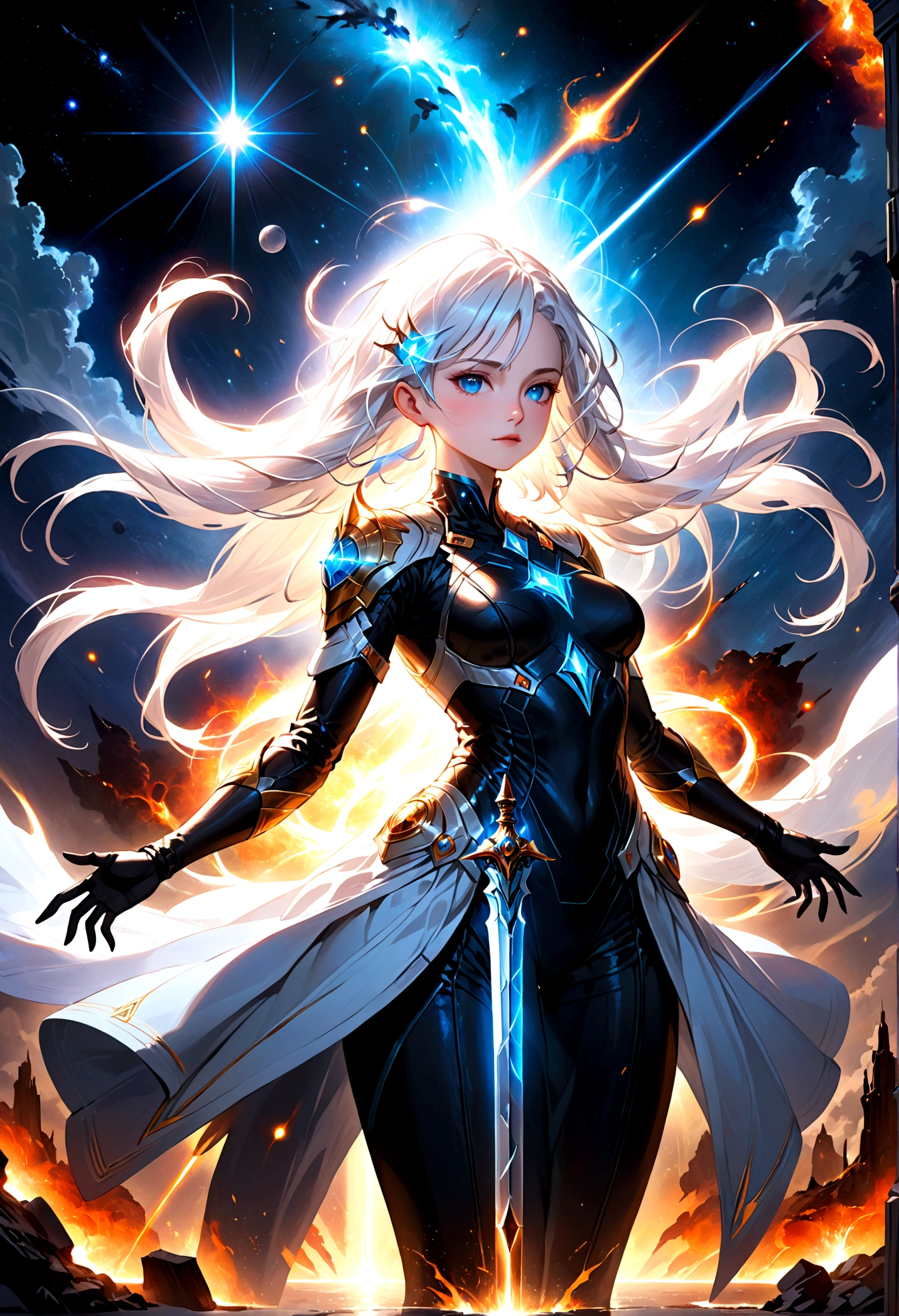 Picture a scene steeped in the depths of space science fiction warfare, where a female commander emerges as the embodiment of resilience and command. Her presence is striking, with white hair that cascades like a cosmic waterfall, tinged with a subtle shade of glowing blue, reminiscent of the distant nebulas. She stands boldly in the midst of an burned interstellar conflict to punish the wicked, her modern advanced space uniform pristine and decorated with the emblems of her esteemed position as a commander. The commander’s hat she wears is not just a piece of attire but a symbol of her earned authority. Clutched in her grasp is a mystical sword, its blade alight with an ethereal blue flame that whispers of ancient power and forgotten lore. As she raises the sword, it seems to resonate with the energy of the cosmos itself. Behind her, the theater of war is set against the breathtaking backdrop of a contact binary star system, its twin suns weaving a dance of light spark and gravity that illuminates the void. Their connection forges a radiant arc across the sky, a bridge between worlds and a beacon in the tumultuous dark. This image seeks to capture the commander’s indomitable spirit, the fierce beauty of her unique appearance, and the grandeur of the universe that serves as the stage for this epic saga