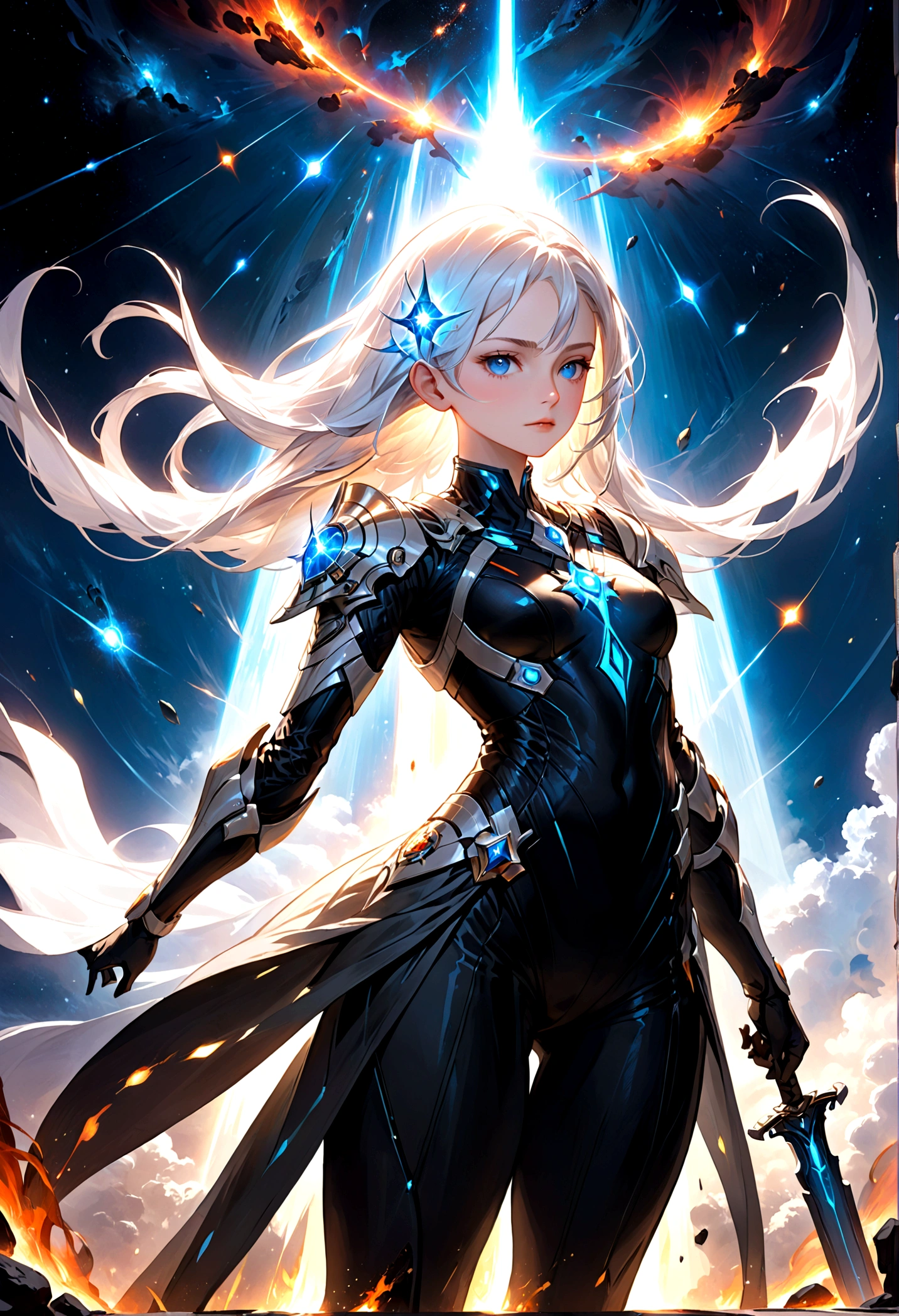 Picture a scene steeped in the depths of space science fiction warfare, where a female commander emerges as the embodiment of resilience and command. Her presence is striking, with white hair that cascades like a cosmic waterfall, tinged with a subtle shade of glowing blue, reminiscent of the distant nebulas. She stands boldly in the midst of an burned interstellar conflict to punish the wicked, her modern advanced space uniform pristine and decorated with the emblems of her esteemed position as a commander. The commander’s hat she wears is not just a piece of attire but a symbol of her earned authority. Clutched in her grasp is a mystical sword, its blade alight with an ethereal blue flame that whispers of ancient power and forgotten lore. As she raises the sword, it seems to resonate with the energy of the cosmos itself. Behind her, the theater of war is set against the breathtaking backdrop of a contact binary star system, its twin suns weaving a dance of light spark and gravity that illuminates the void. Their connection forges a radiant arc across the sky, a bridge between worlds and a beacon in the tumultuous dark. This image seeks to capture the commander’s indomitable spirit, the fierce beauty of her unique appearance, and the grandeur of the universe that serves as the stage for this epic saga