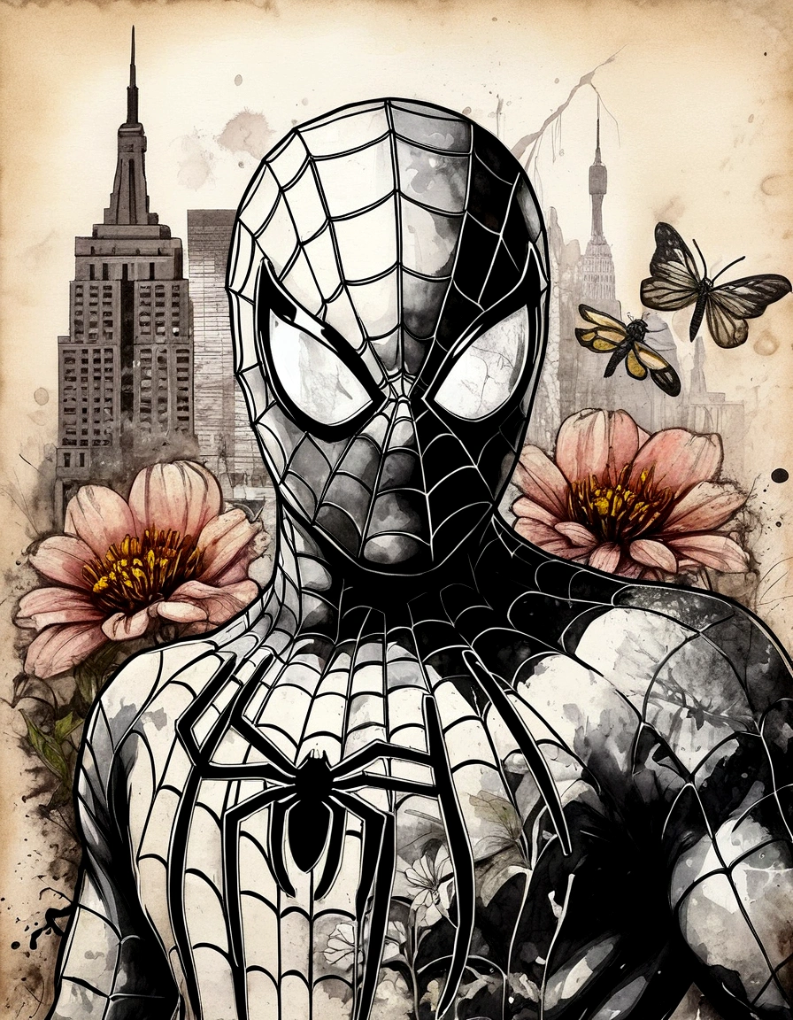 A mixed media of Spiderman in New York, flowers and spiders on handwritten letters texture background. The artwork combines ink drawing, watercolor washes, charcoal details, splattered paint effects, and black line drawings to create a richly textured and multilayered composition. It is filled with soft colors, creating an elegant atmosphere. In the center there's the spider. There are also various other creatures in closeup, such as butterflies