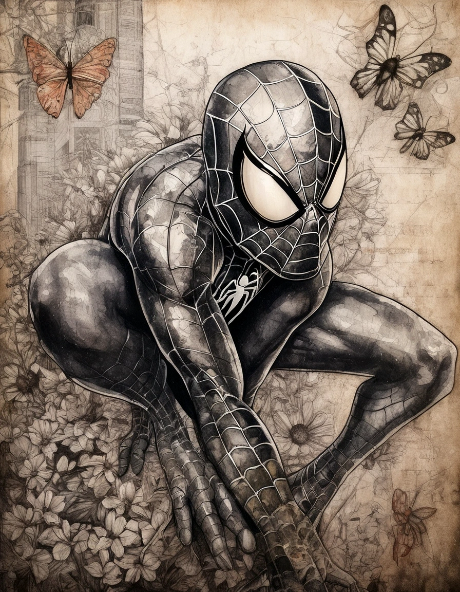 A mixed media of Spiderman in New York, flowers and spiders on handwritten letters texture background. The artwork combines ink drawing, watercolor washes, charcoal details, splattered paint effects, and black line drawings to create a richly textured and multilayered composition. It is filled with soft colors, creating an elegant atmosphere. In the center there's the spider. There are also various other creatures in closeup, such as butterflies