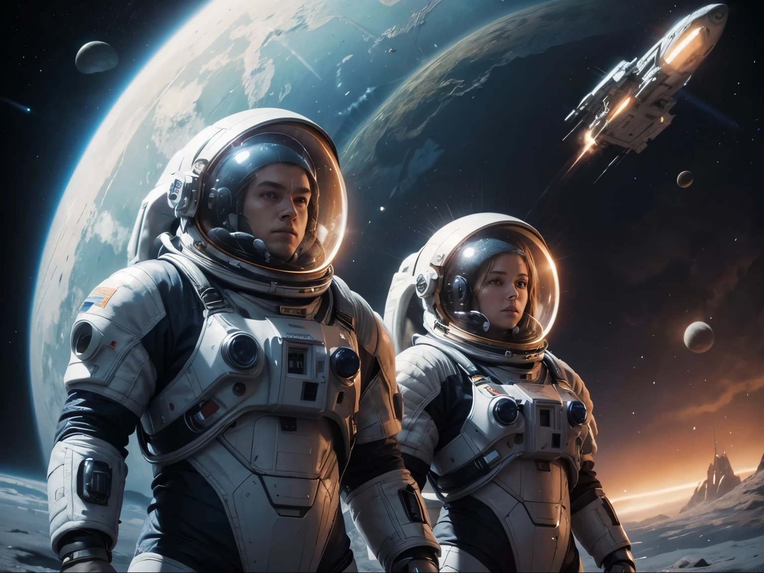 there are two people in space suits standing in front of a spaceship, detailed sci-fi art, sci-fi illustrations, sci - fi illustrations, sci fi epic digital art, sci-fi digital art, sci fi artwork, sci-fi digital art illustration, sci - fi illustration, sci-fi illustration, dark sci-fi art, beautiful sci fi art