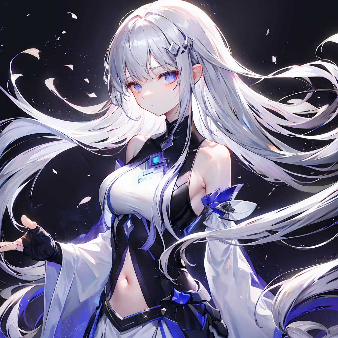 With dark forest background,Light purple gradient hair,asymmetrical hair,((Thick hair 1.8,Clear head outline 1.6)), Shoulder-length hair, messy hair, Very long hair, shiny hair,(long gray hair:1.2),A beautiful girl,(White shirt, Black skirt,Navel,Bare shoulders,)(Separate sleeves,Wide sleeves),(Fingerless gloves),(Transparent clothes transparent 1.8),Perfect body,,(Looks sad,Looks haggard ,Grief,shut your mouth:1.2) ,Upper body photo。(avatar)