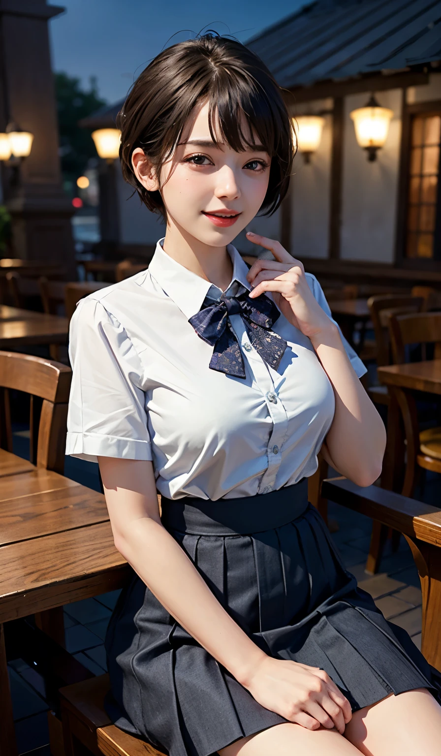 (8k, RAW photo, best quality, masterpiece:1.2), (realistic, photo-realistic:1.37), ultra-detailed,
1 girl,cute, solo,beautiful detailed sky,detailed cafe,night,sitting,dating,(nose blush),(smile:1.1),(closed mouth),large ,  smile, large aparture, professional lighting, Sony A7R4, Zessie 50mm F1.8,
medium breasts,beautiful detailed eyes,(collared shirt:1.1), bowtie,pleated skirt,(short hair:1.2),floating hair 